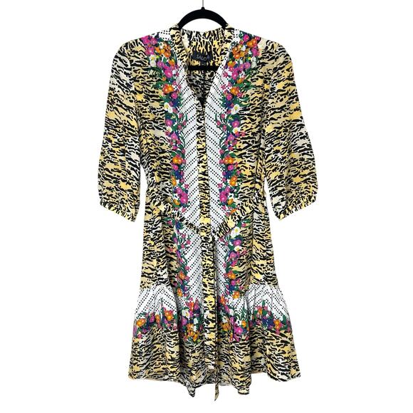 NWT Saloni Tyra Tiger Rosette Silk Multicolor Animal Print Belted Shirt Dress - Picture 3 of 12
